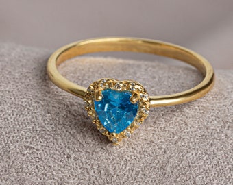 Real Diamond Heart Blue Topaz Ring 14K Solid Gold, Birthstone Pendant, Perfect Gift for Mother's Day - Girlfriend - Wife