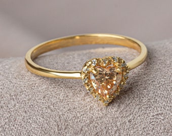 14K Solid Gold Heart Citrine Ring with Real Diamond - Perfect Birthday, Perfect Gift for Mother's Day - Girlfriend - Wife