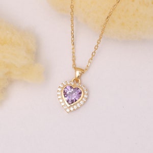 Amethyst-Herz-Anhänger, 14K Massivgold mit echtem Diamanten, Februar Birthstone Schmuck, Lünette Herzanhänger, Geschenk zum Valentinstag
