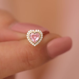 Pink Tourmaline Bezel Heart Stud Earrings, Real Diamonds Halo 14K Solid Gold Jewelry, October Birthstone, Birthday or Valentines Gift