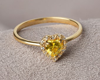 Real Diamond Heart Yellow Topaz Ring 14K Solid Gold, Birth Ring, Perfect Gift for Mother's Day - Girlfriend - Wife