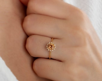 Citrine Round Ring with Real Diamond Halo, November Birthstone, 14K 10K 8K Solid Gold