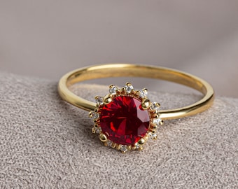 Real Diamond Round Ruby Ring 14K Solid Gold, Ring With Diamonds Around, July Birthday, Perfect Gift for Mother's Day - Girlfriend - Wife