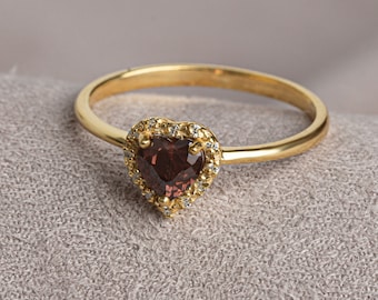 Real Diamond Heart Smoky Quartz Ring 14K Solid Gold, Heart Birth Ring, Perfect Gift for Mother's Day - Girlfriend - Wife