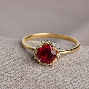 Real Diamond Round Ruby Ring 14K Solid Gold, Ring With Diamonds Around, July Birthday, Perfect Gift for Mother's Day Girlfriend Wife image 1