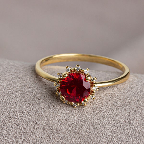 Echter Diamant runder Rubinring 14K Massivgold, Ring mit Diamanten, Juli Geburtstag, perfektes Geschenk für Muttertag - Freundin - Frau