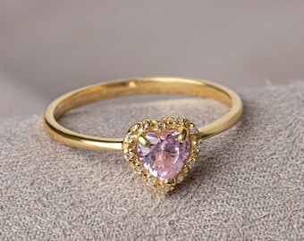 Real Diamond 14K Solid Gold Heart Pink Tourmailine Ring, Perfect Gift for Mother's Day - Girlfriend - Wife