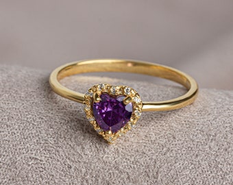 Real Diamond Heart Amethyst Ring 14K Solid Gold, Birthstone, Perfect Gift for Mother's Day - Girlfriend - Wife