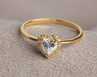 Real Diamond 14K Solid Gold Heart White Topaz Ring,Birthstone Ring,Heart Ring,Anniversary Gift,Christmas Gift,Bridesmaid Gift,Wedding Gift
