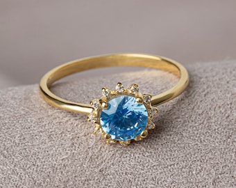 Real Diamond Round Aquamarine Ring 14K Solid Gold, March Birthstone, Perfect Gift for Mother's Day - Girlfriend - Wife