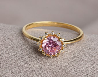 Real Diamond Round Tourmailine Ring 14K Solid Gold, Pink Tourmailine Birthstone, Perfect Gift for Mother's Day - Girlfriend - Wife