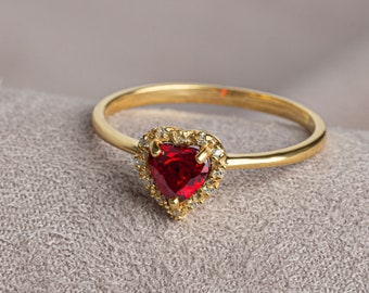 Real Diamond Heart Garnet Ring 14K Solid Gold, Birthstone Ring, Perfect Gift for Mother's Day - Girlfriend - Wife