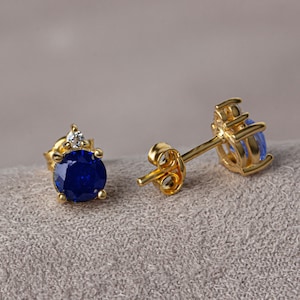 14K Solid Gold Sapphire Earring with Real Diamond - Single Stone Solitaire, Perfect Christmas & Mother&#39;s Day Gift for Her