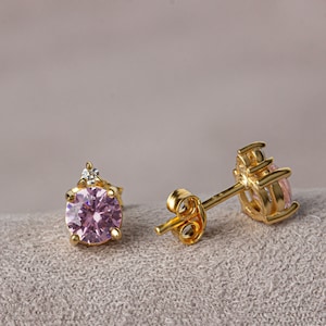 Round 14K Solid Gold Real Diamond & Pink Tourmaline Earring - October Birthstone Jewelry, Solitaire Mother&#39;s Day Gift for Her