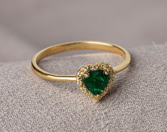 Real Diamond Heart Emerald 14K Solid Gold Ring, Birthstone Heart Ring, Perfect Gift for Mother's Day - Girlfriend - Wife