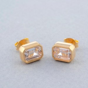 April Birthstone White Topaz Studs, 14K Solid Gold Jewelrys, Rectangle Studs, Christmas Gift, Stud Earrings, Elegant Wedding Jewelers