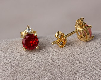 Real Diamond Single Stone Ruby Earring 14K Solid Gold, July Birthstone Solitaire Gold Earring, Perfect Gift for Mother's Day - Wife