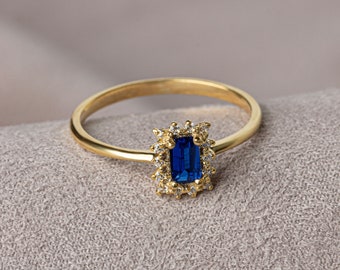 Rectangular Cut Sapphire Ring with Real Diamonds 14K Solid Gold, Perfect Gift for Mother's Day - Girlfriend - Wife