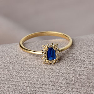 Rectangular Cut Sapphire Ring with Real Diamonds 14K Solid Gold, Perfect Gift for Mother&#39;s Day - Girlfriend - Wife