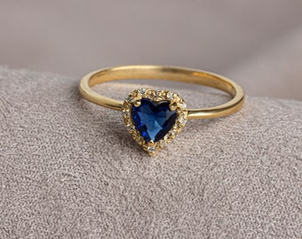 Real Diamond 14K Solid Gold Heart Sapphire Ring, Sapphire Birthstone Ring, Heart Ring, Women Ring, Christmas Gift, September Birthday Gift