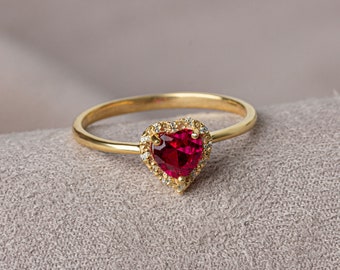 Real Diamond Heart Ruby Ring 14K Solid Gold, Birthstone, Perfect Gift for Mother's Day - Girlfriend - Wife