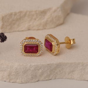 Ruby Real Diamonds Surrounded Rectangle Stud Earrings, Bezel 14K Solid Gold Jewelry, July Birthstone, Anniversary or Valentines Gift