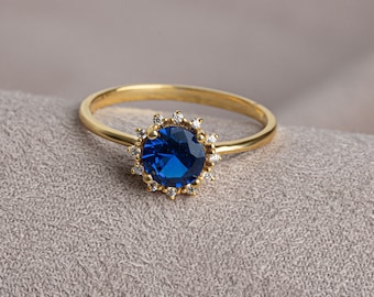 Real Diamond Round Sapphire Ring 14K Solid Gold, Birthstone Ring with diamonds around, Perfect Gift for Mother's Day - Girlfriend - Wife