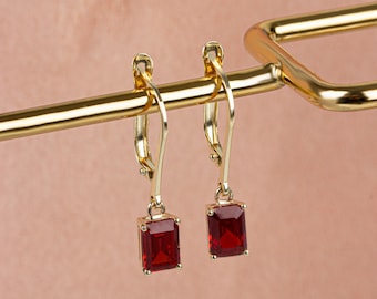 14K Solid Gold Garnet Earring Elegant Dangle Rectangle, Perfect January Birthstone Present & Jewelry, Perfect Gift for Mother's Day for Her