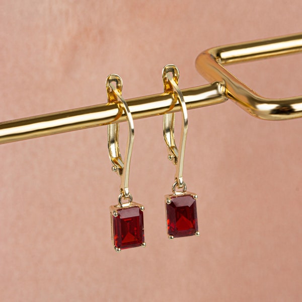 14K Solid Gold Garnet Earring Elegant Dangle Rectangle, Perfect January Birthstone Present & Jewelry, Perfect Gift for Mother's Day for Her