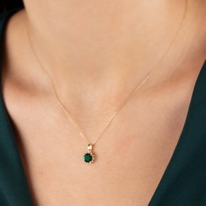 Emerald Necklace 14K Solid Gold, Diamond Surrounded Round Emerald, Birthstone Real Diamond Necklace, Perfect Gift for Mother's Day image 2