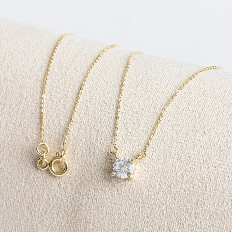 14K Solid Gold Round Double Link White Topaz Necklace, Minimalist Round Necklace, Wedding Necklace, Christmas Gift, Birthstone Gift Jewelry image 1