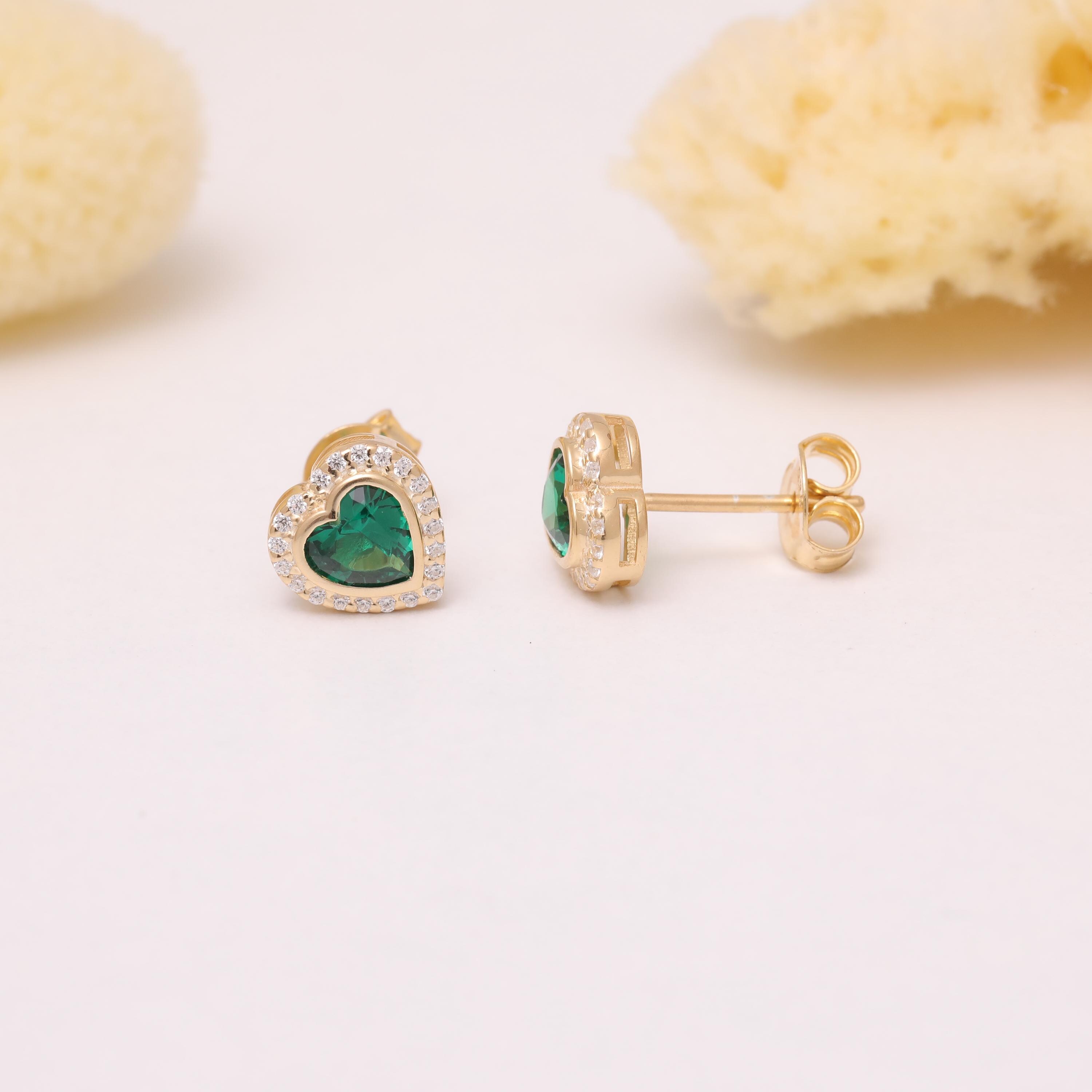 Emerald Heart Bezel Stud Earrings, 14K 10K Solid Gold Real Diamond