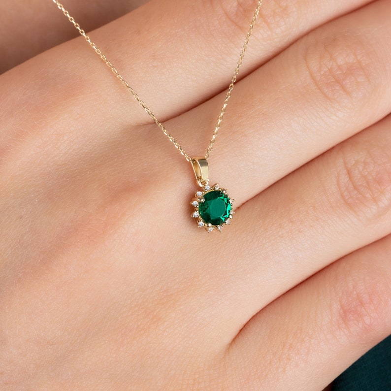 Emerald Necklace 14K Solid Gold, Diamond Surrounded Round Emerald, Birthstone Real Diamond Necklace, Perfect Gift for Mother's Day image 4