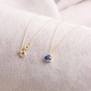 14K Solid Gold Sapphire Necklace, Minimalist Round Real Diamond and Sapphire Birthstone Pendant, Perfect Gift for Mother's Day image 4