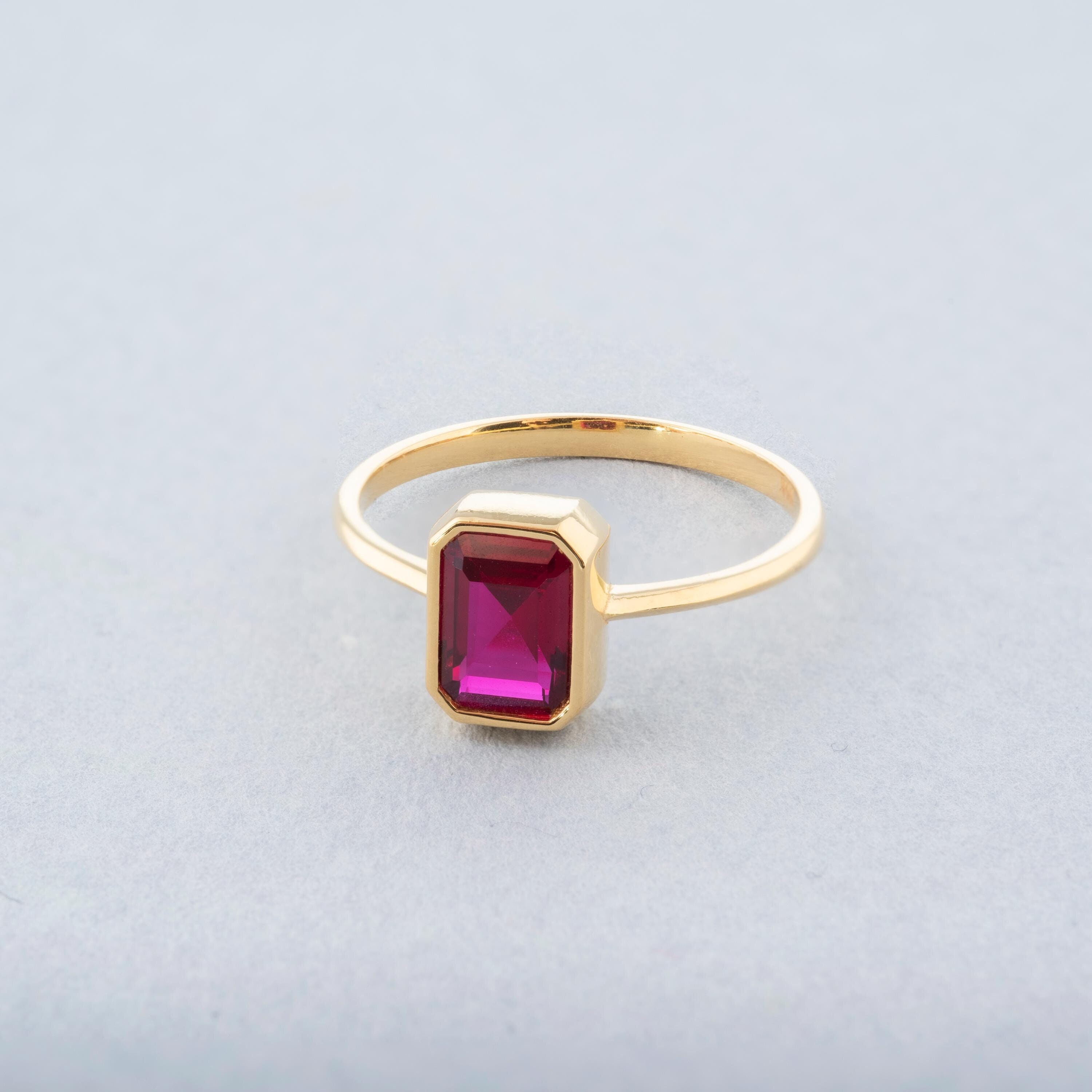 Ruby 14K Solid Gold Rectangle Ring, Christmas or Birthday Gifts, July Birthstone Ring, Excellent Baguette Ruby Ring