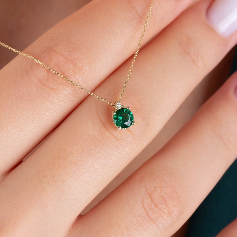 Real Diamond Round Emerald Necklace, 14K Solid Gold Minimalist, Birthstone Necklace, Perfect Gift for Mother's Day Girlfriend Wife image 1