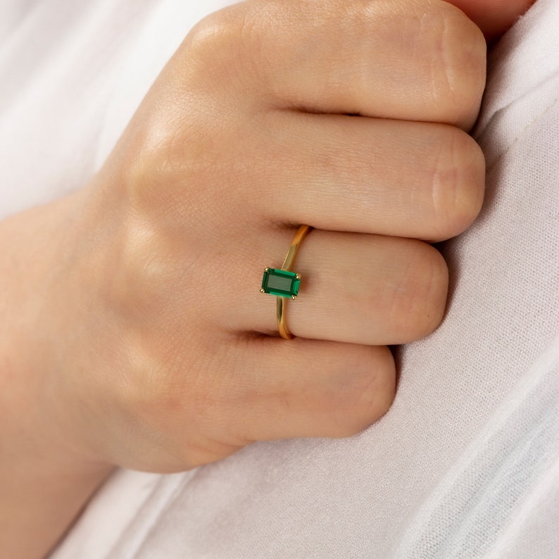 Rectangle Emerald Ring 14K Solid Gold, Real Gold Emerald Birthstone Ring, Perfect Gift for Mother's Day Girlfriend Wife image 3