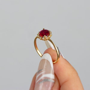 Real Diamond Round Ruby Ring 14K Solid Gold, Ring With Diamonds Around, July Birthday, Perfect Gift for Mother's Day Girlfriend Wife image 2