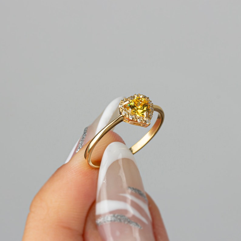 Real Diamond Heart Yellow Topaz Ring 14K Solid Gold, Birth Ring, Perfect Gift for Mother's Day Girlfriend Wife image 2