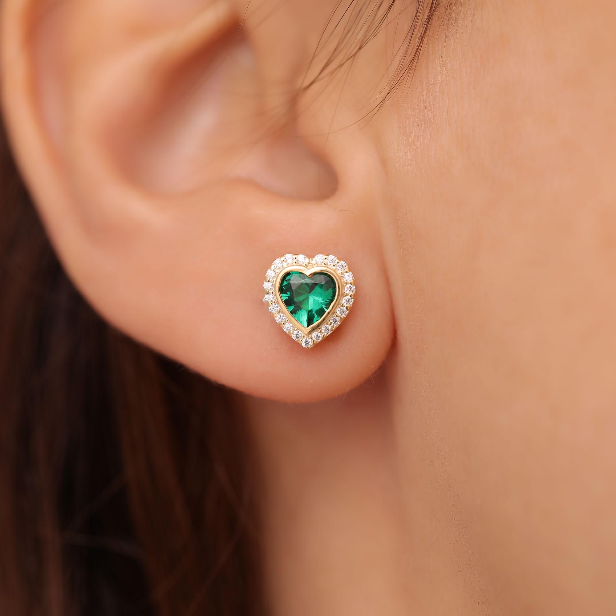Emerald Real Diamonds Surrounded Heart Stud Earrings, Bezel 14K