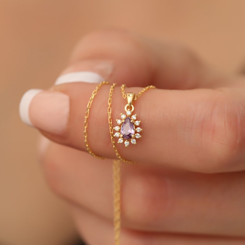 Amethyst Drop Necklace Real Diamond Halo 14K 10K 8K Solid Gold, February Birthstone Pendant