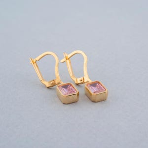 Pink Tourmaline Dangle Earring, October Birthstone Rectangular Earrings, 14K 10K 8K Solid Gold