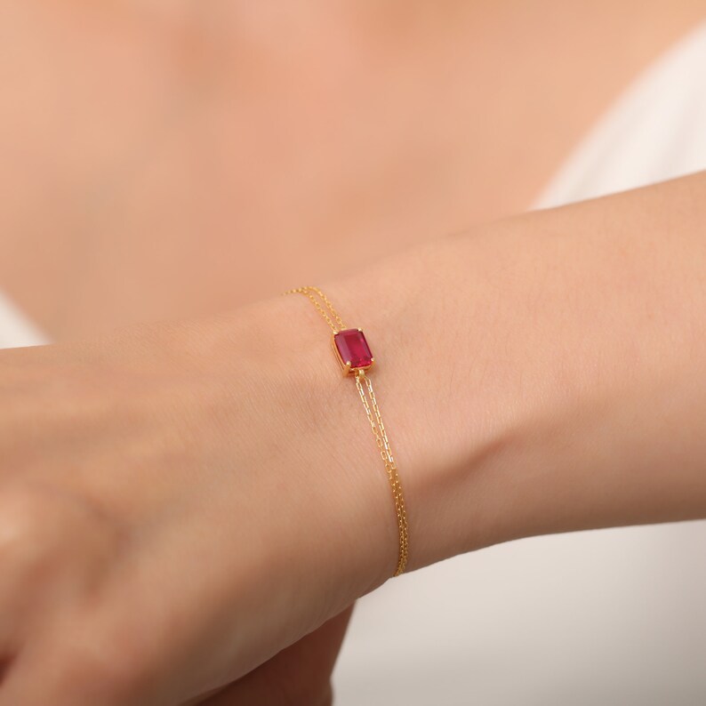 Ruby Rectangle 14K 10K 8K Solid Gold Bracelet, Elegant July Birthstone ...