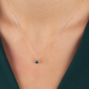 14K Solid Gold Sapphire Necklace, Minimalist Round Real Diamond and Sapphire Birthstone Pendant, Perfect Gift for Mother's Day image 3