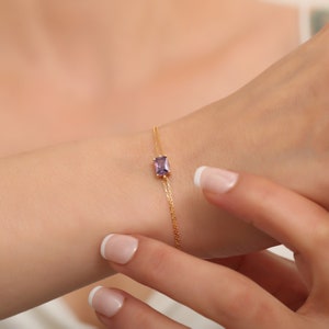 Amethyst Rectangular 14K Solid Gold Bracelet, Dainty Gold, February Birthstone, Baguette Amethyst Bracelet, Perfect Gift for Mother's Day image 4