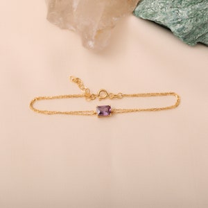 Amethyst Rectangular 14K Solid Gold Bracelet, Dainty Gold, February Birthstone, Baguette Amethyst Bracelet, Perfect Gift for Mother's Day image 3