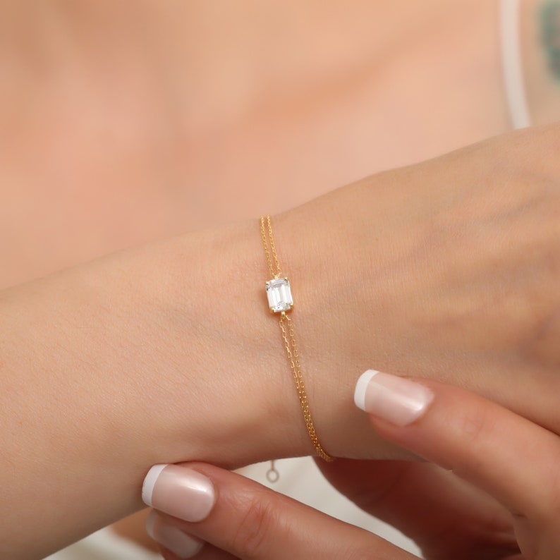 Rectangle White Topaz Bracelet 14K Solid Gold, Baguette White Bracelet, April Birthstone, Perfect Gift for Mother's Day Girlfriend Wife image 5