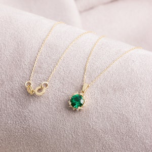 Emerald Necklace 14K Solid Gold, Diamond Surrounded Round Emerald, Birthstone Real Diamond Necklace, Perfect Gift for Mother's Day image 3