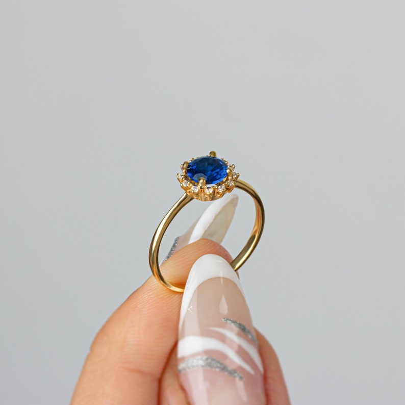 Real Diamond Round Sapphire Ring 14K Solid Gold, Birthstone Ring with diamonds around, Perfect Gift for Mother's Day Girlfriend Wife image 6