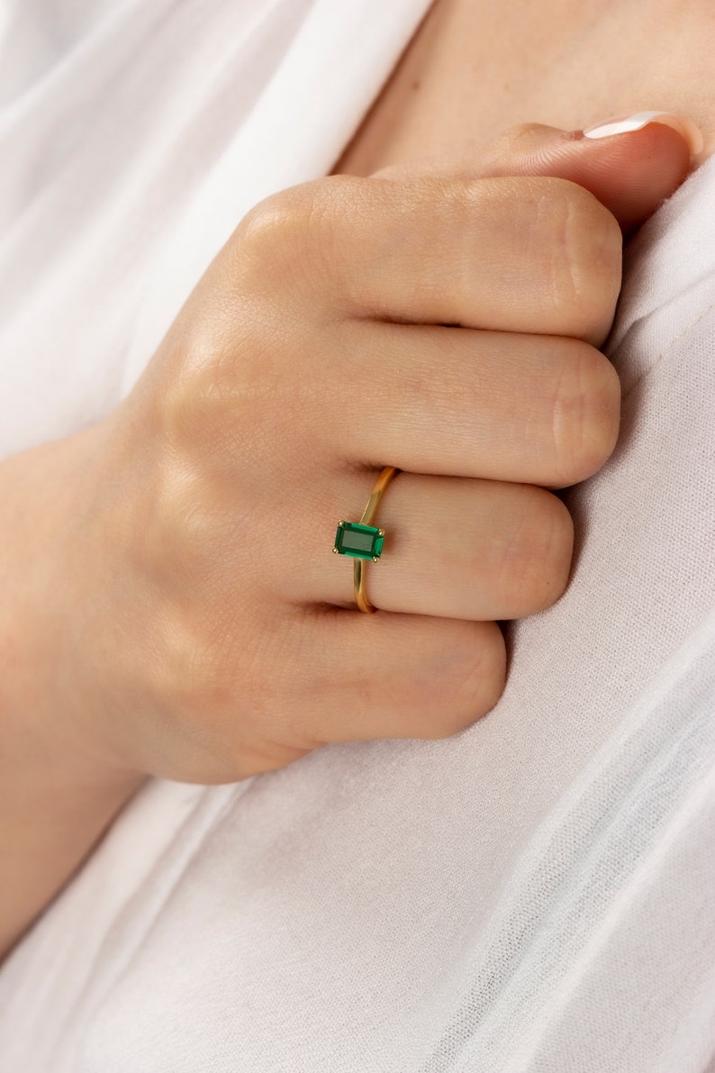 Rectangle Emerald Ring 14K Solid Gold, Real Gold Emerald Birthstone Ring, Perfect Gift for Mother's Day Girlfriend Wife image 6